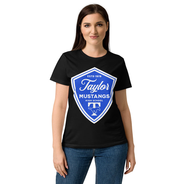 Lady wearing Taylor High School Mustangs Women's Black SoftStyle T-shirt 225