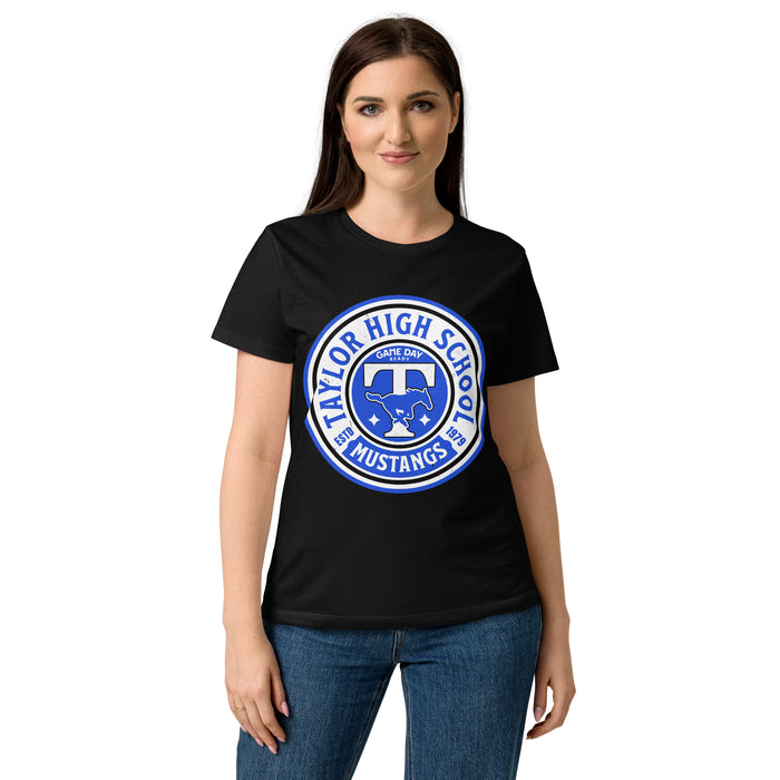 Lady wearing Taylor High School Mustangs Women's Black SoftStyle T-shirt 220