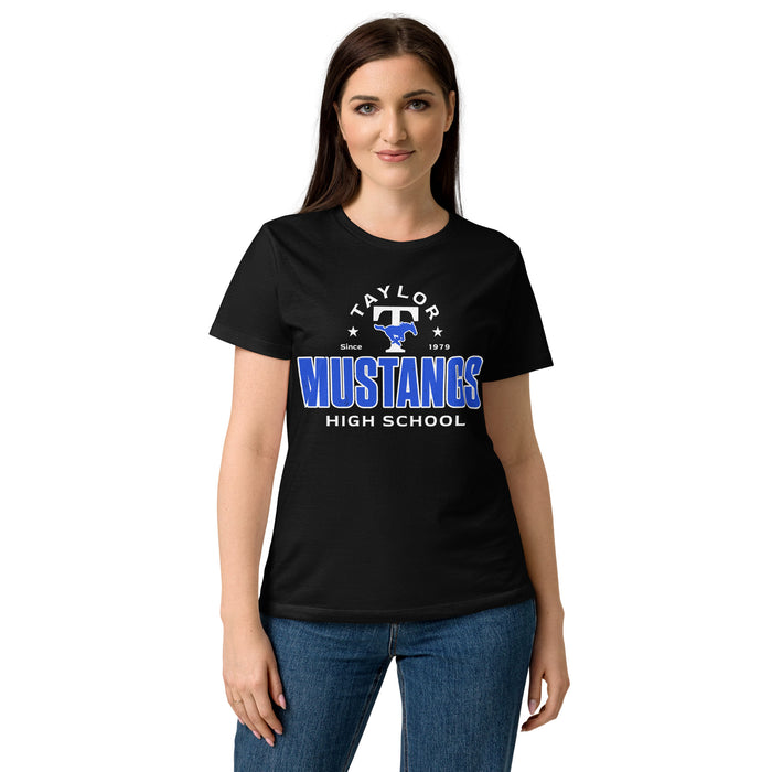 Lady wearing Taylor High School Mustangs Women's Black SoftStyle T-shirt 222