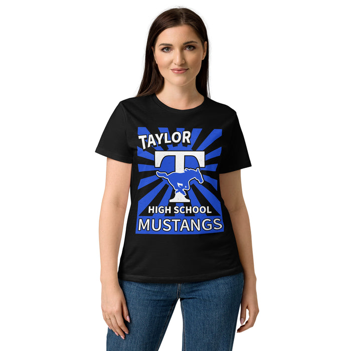 Lady wearing Taylor High School Mustangs Women's Black SoftStyle T-shirt 226
