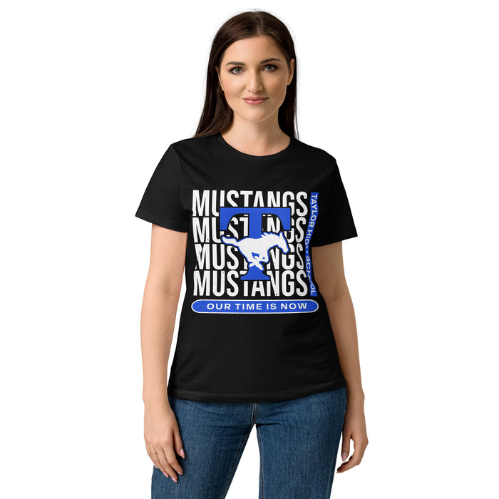 Lady wearing Taylor High School Mustangs Women's Black SoftStyle T-shirt 235