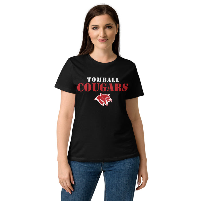 Lady wearing Tomball High School Cougars Women's Black SoftStyle T-shirt 017