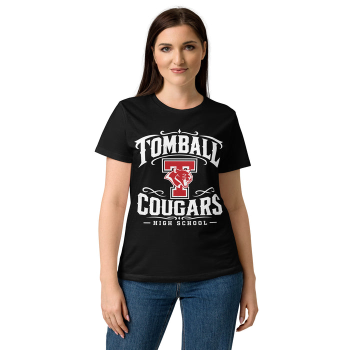 Female wearing Tomball High School Cougars Women's Black SoftStyle T-shirt 022
