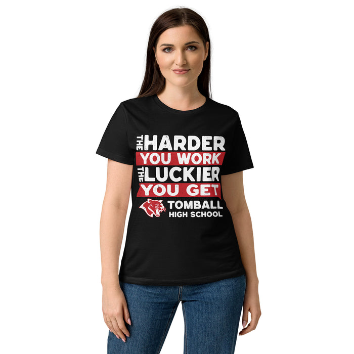 Female wearing Tomball High School Cougars Women's Black SoftStyle T-shirt 238