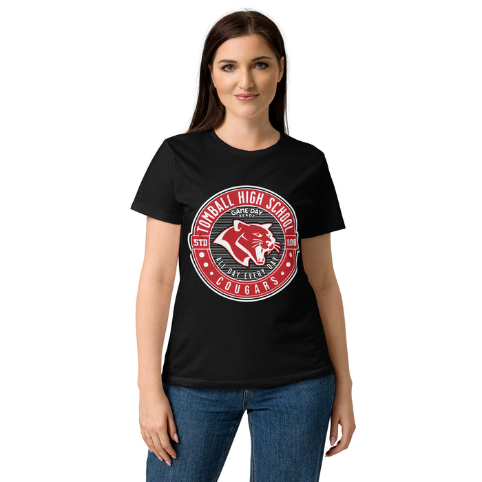 Female student wearing Tomball High School Cougars Women's Black SoftStyle T-shirt 224