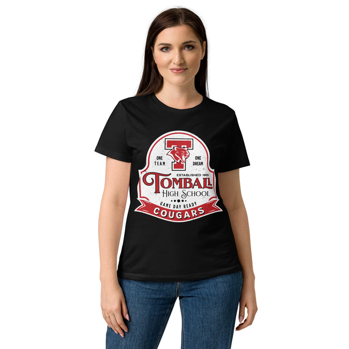 Woman wearing Tomball High School Cougars Women's Black SoftStyle T-shirt 219