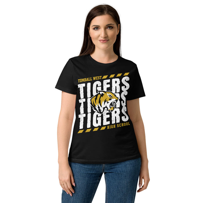 Female wearing Tomball West High School Tigers Women's Black SoftStyle T-shirt 223