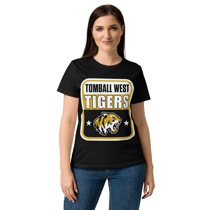 Lady wearing Tomball West High School Tigers Women's Black SoftStyle T-shirt 001