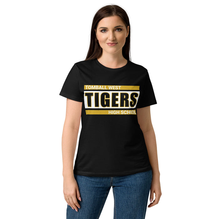 Woman wearing Tomball West High School Tigers Women's Black SoftStyle T-shirt 098