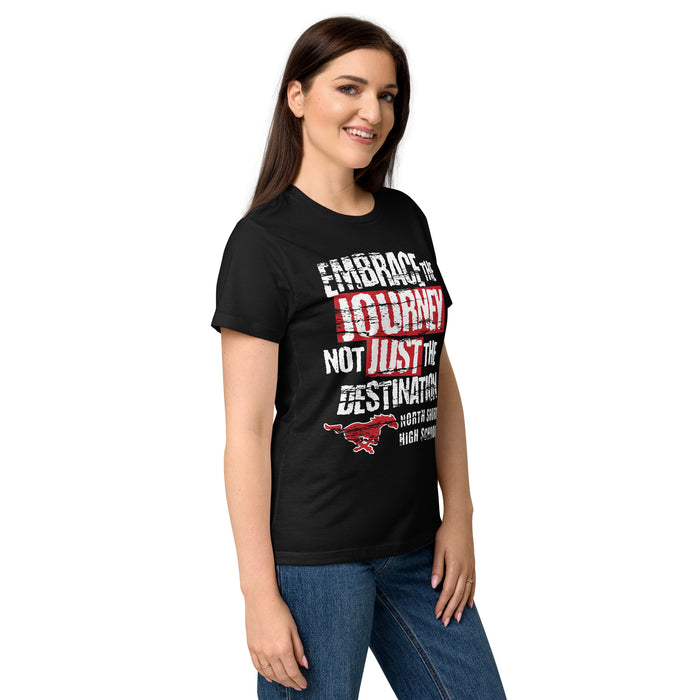 Side view of North Shore High School Mustangs Women's Black SoftStyle T-shirt 232