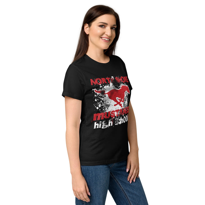 Side view of North Shore High School Mustangs Women's Black SoftStyle T-shirt 205