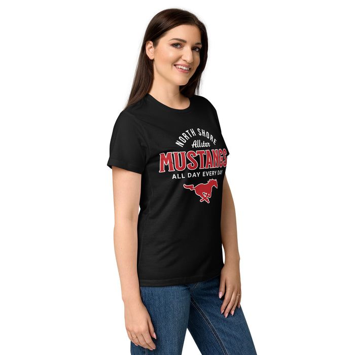 Side view of North Shore High School Mustangs Women's Black SoftStyle T-shirt 040