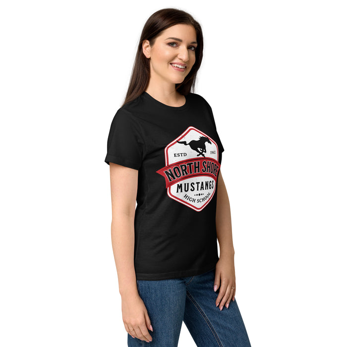 Side view of North Shore High School Mustangs Women's Black SoftStyle T-shirt 209