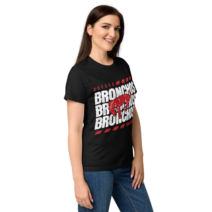 Side view of Odessa High School Bronchos Women's Black SoftStyle T-shirt 223