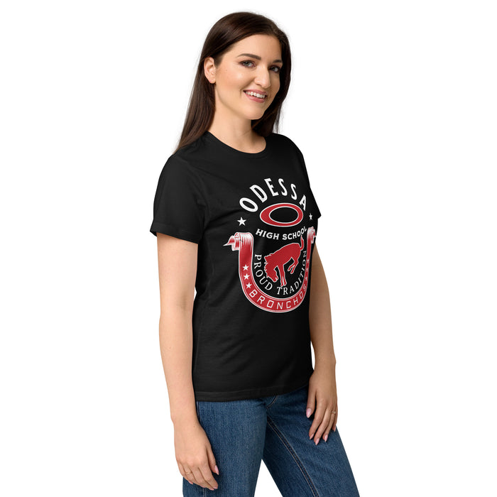 Side view of Odessa High School Bronchos Women's Black SoftStyle T-shirt 229
