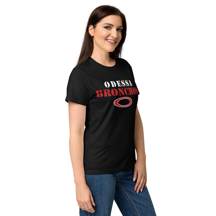 Side view of Odessa High School Bronchos Women's Black SoftStyle T-shirt 017