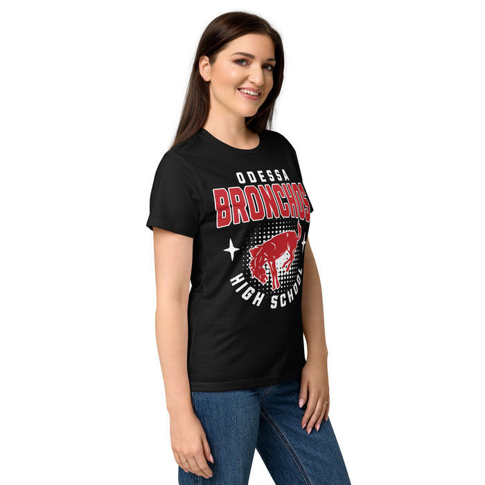 Side view of Odessa High School Bronchos Women's Black SoftStyle T-shirt 204