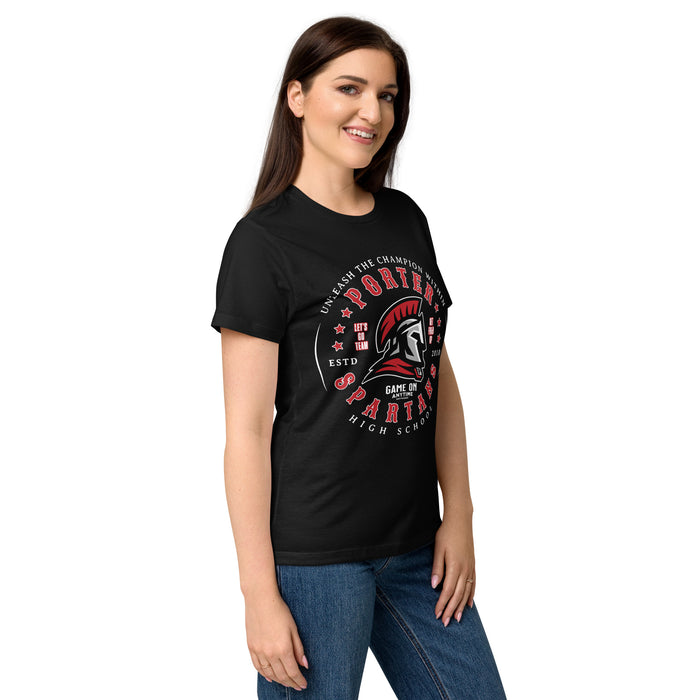 Side view of Porter High School Spartans Women's Black SoftStyle T-shirt 214