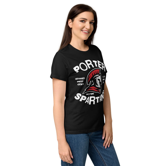 Side view of Porter High School Spartans Women's Black SoftStyle T-shirt 228