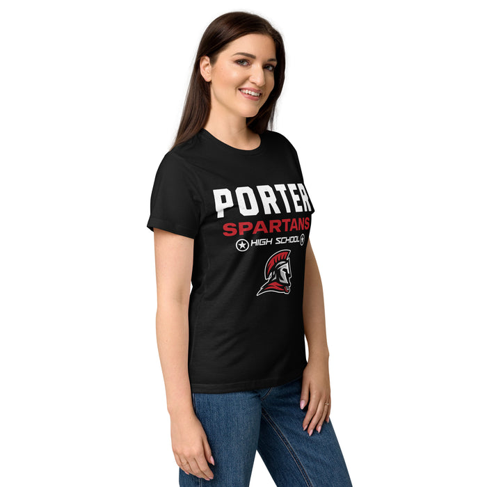 Side view of Porter High School Spartans Women's Black SoftStyle T-shirt 003