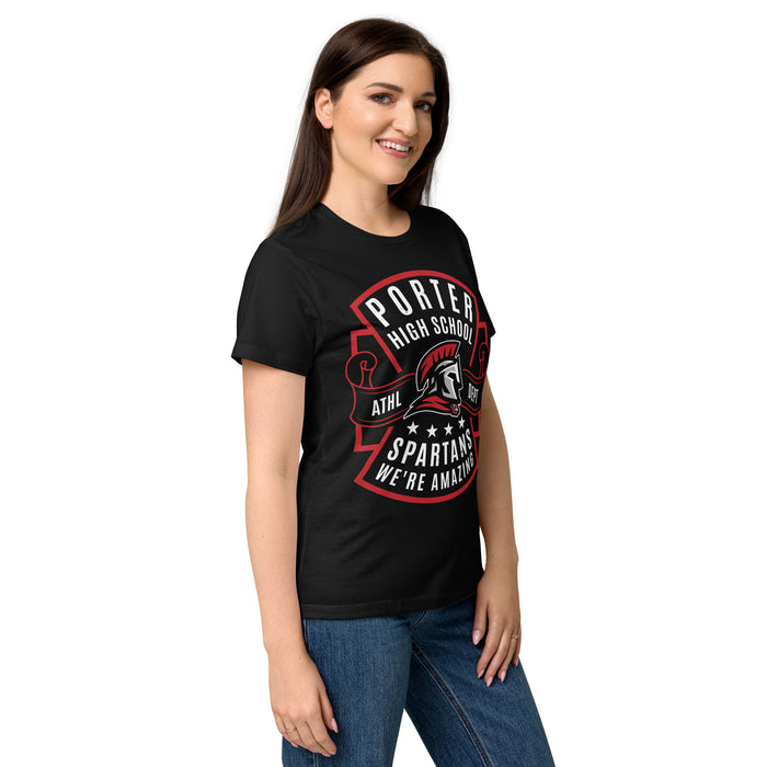 Side view of Porter High School Spartans Women's Black SoftStyle T-shirt 207