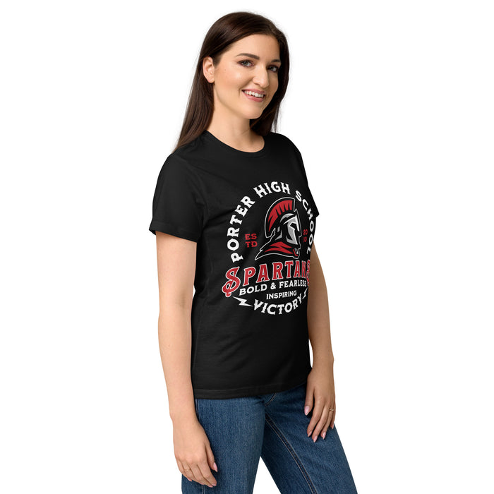 Side view of Porter High School Spartans Women's Black SoftStyle T-shirt 206