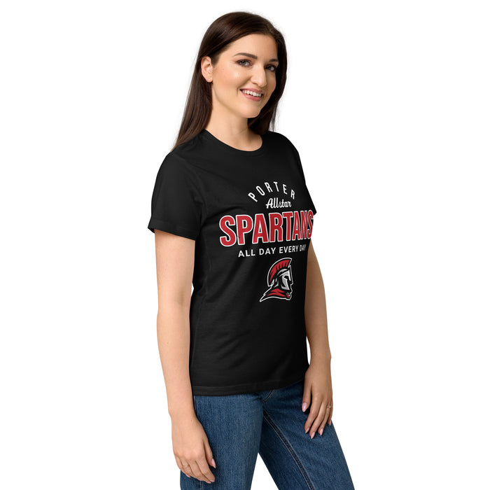 Side view of Porter High School Spartans Women's Black SoftStyle T-shirt 040