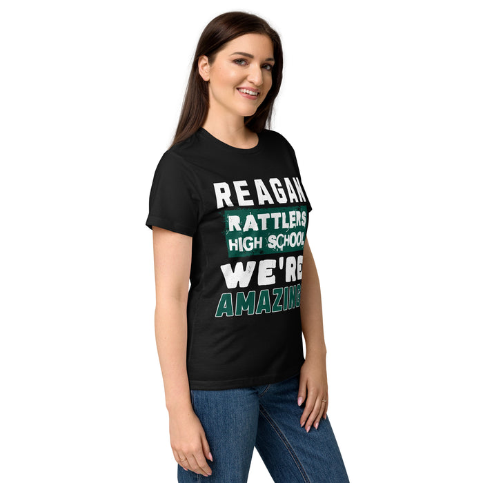 Side view of Reagan High School Rattlers Women's Black SoftStyle T-shirt 231