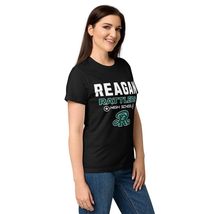 Side view of Reagan High School Rattlers Women's Black SoftStyle T-shirt 003