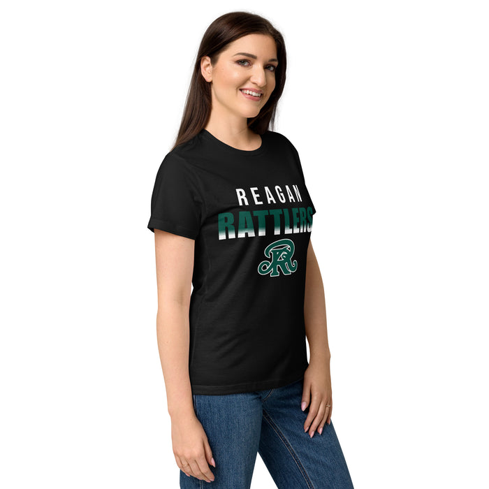 Woman wearing Reagan High School Rattlers Women's Black SoftStyle T-shirt 024