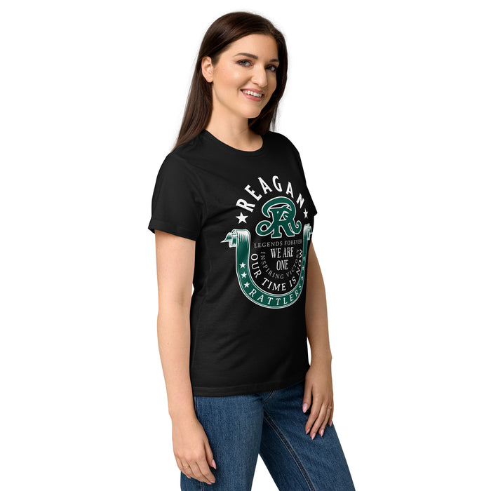 Side view of Reagan High School Rattlers Women's Black SoftStyle T-shirt 229