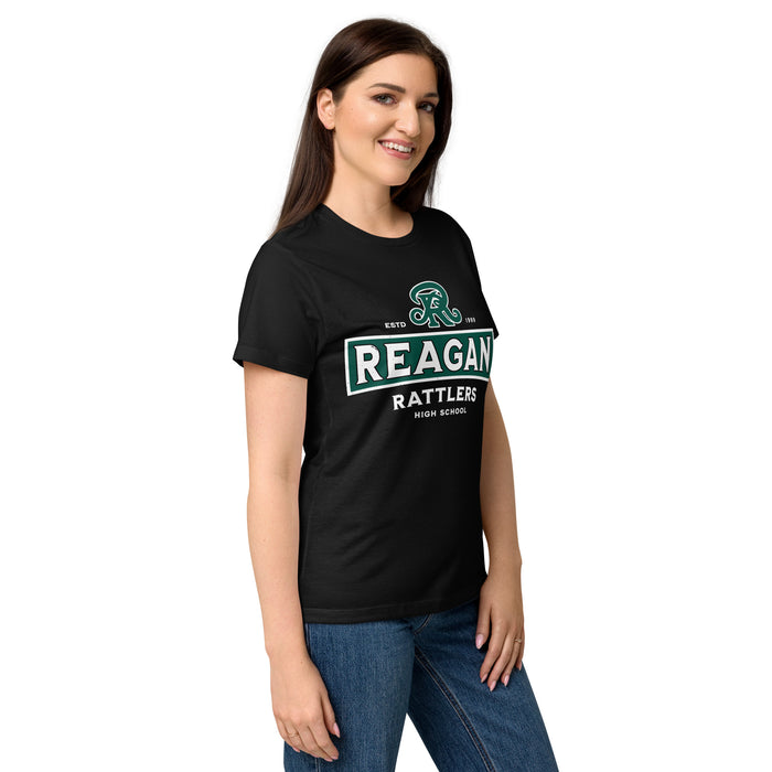 Side view of Reagan High School Rattlers Women's Black SoftStyle T-shirt 202