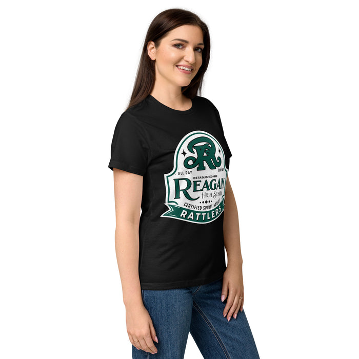 Side view of Reagan High School Rattlers Women's Black SoftStyle T-shirt 219
