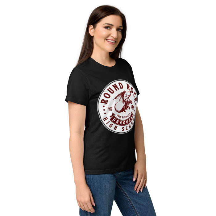 Side view of Round Rock High School Dragons Women's Black SoftStyle T-shirt 215