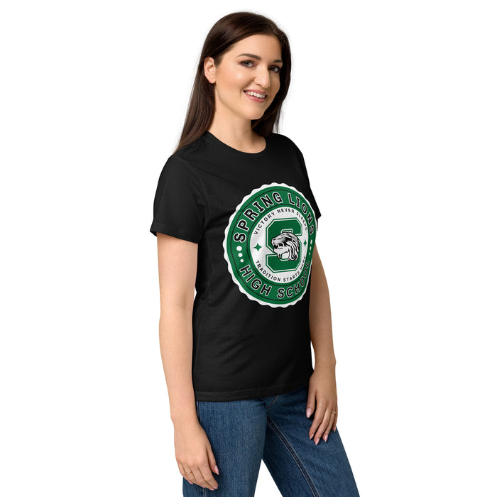 Side view of Spring High School Lions Women's Black SoftStyle T-shirt 216