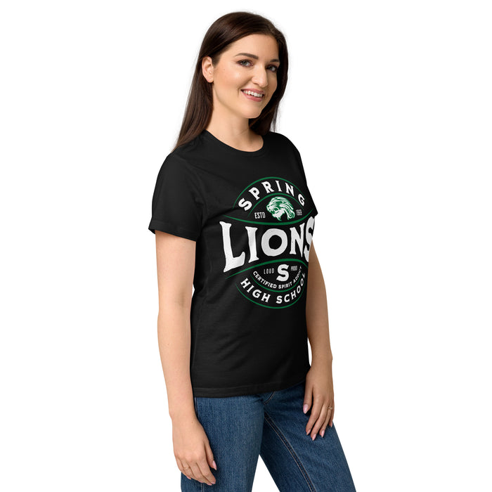 Side view of Spring High School Lions Women's Black SoftStyle T-shirt 218