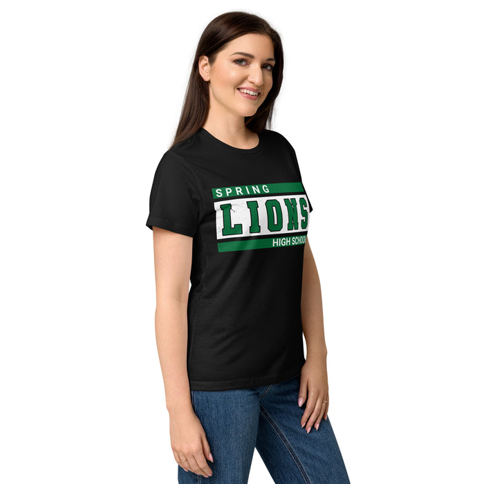 Side view of Spring High School Lions Women's Black SoftStyle T-shirt 098