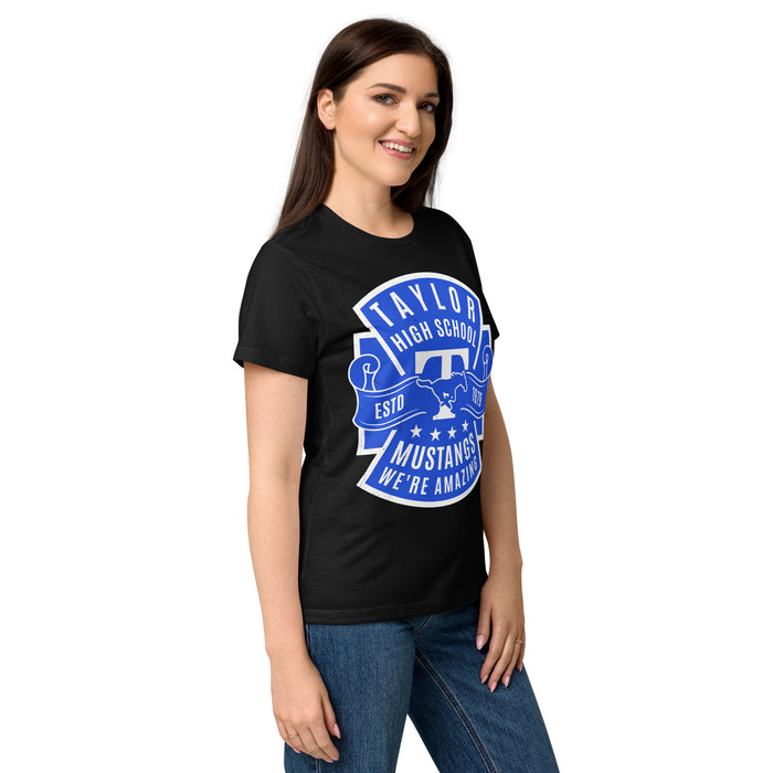 Side view of Taylor High School Mustangs Women's Black SoftStyle T-shirt 207
