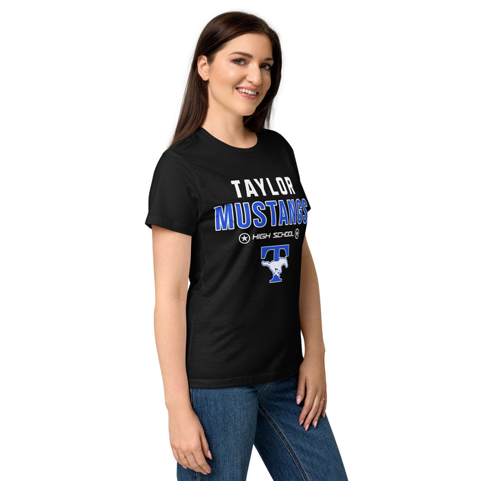 Side view of Taylor High School Mustangs Women's Black SoftStyle T-shirt 003