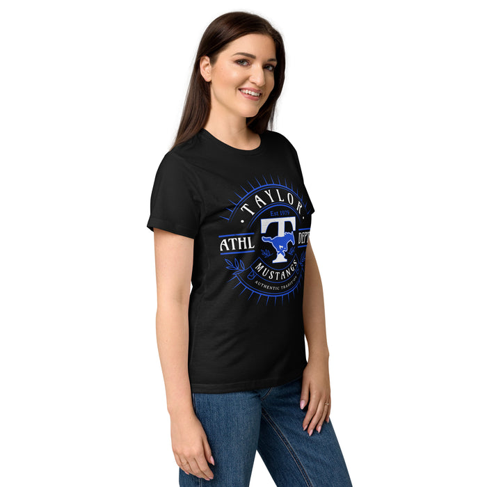 Side view of Taylor High School Mustangs Women's Black SoftStyle T-shirt 201