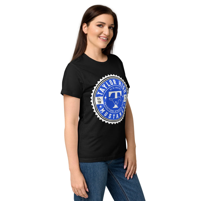 Side view of Taylor High School Mustangs Women's Black SoftStyle T-shirt 203