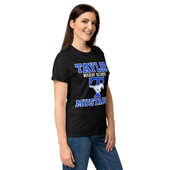 Side view of Taylor High School Mustangs Women's Black SoftStyle T-shirt 006