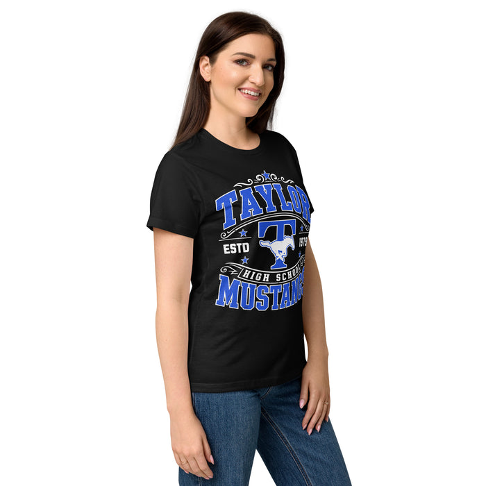 Side view of Taylor High School Mustangs Women's Black SoftStyle T-shirt 030