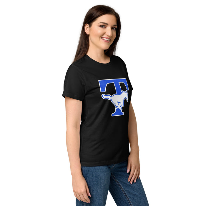 Side view of Taylor High School Mustangs Women's Black SoftStyle T-shirt 200