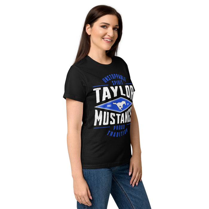 Side view of Taylor High School Mustangs Women's Black SoftStyle T-shirt 210