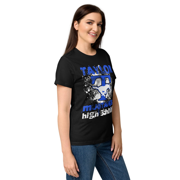 Side view of Taylor High School Mustangs Women's Black SoftStyle T-shirt 205