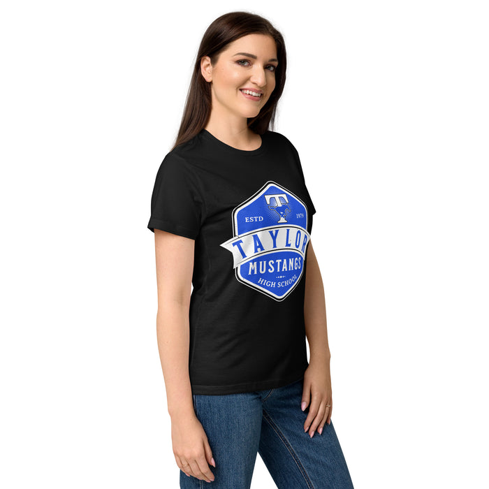 Side view of Taylor High School Mustangs Women's Black SoftStyle T-shirt 209