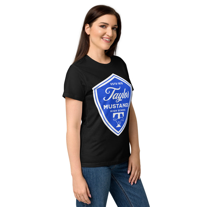 Side view of Taylor High School Mustangs Women's Black SoftStyle T-shirt 225