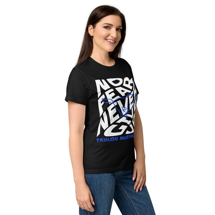Side view of Taylor High School Mustangs Women's Black SoftStyle T-shirt 236