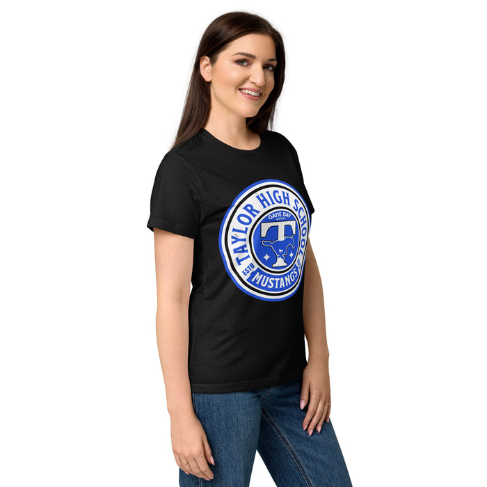 Side view of Taylor High School Mustangs Women's Black SoftStyle T-shirt 220